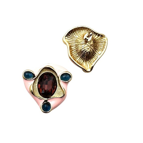 Pink Enamel Purple Blue Rhinestone Earrings Pierced Gold Tone Heavy Quality New - Picture 2 of 4